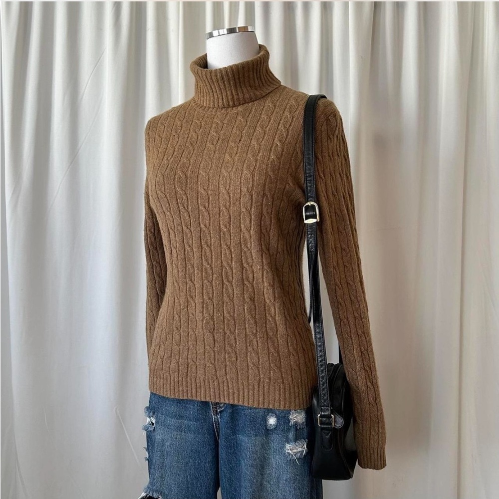 J.Crew tan cable knit turtleneck sweater wool cashmere blend size Large. - Picture 5 of 8